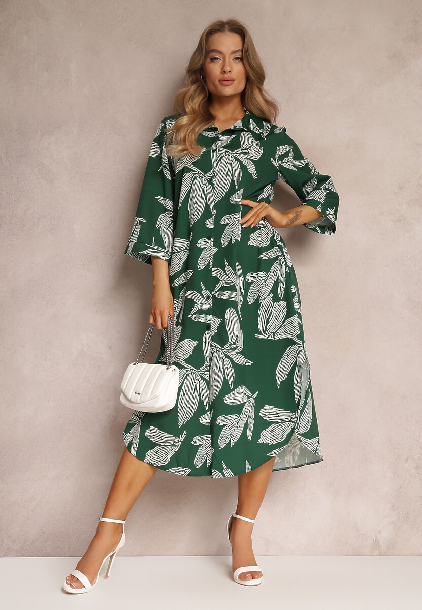 Zielona Sukienka Koszulowa w Kwiaty Siois