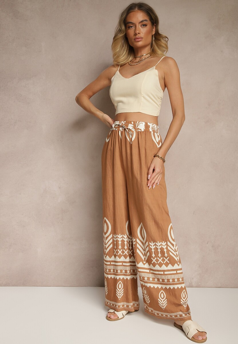 Granatowe Szerokie Spodnie z Wiskozy z Gumką w Talii Zdobione Etnicznym Wzorem Soleldi