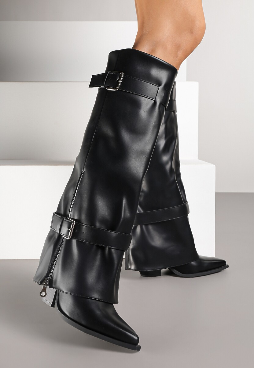 Czarne Kozaki na Stożku z Cholewką Imitującą Nogawkę z Klamrami i Suwakiem Erseria