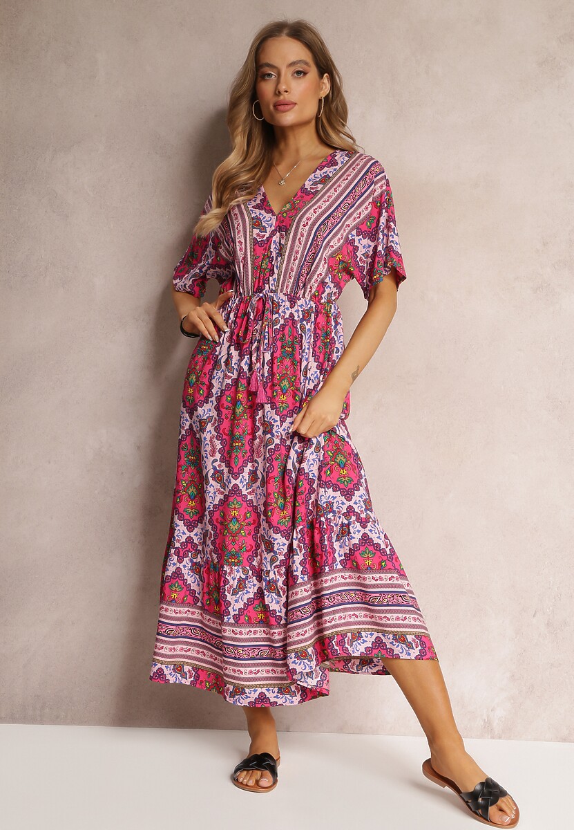 Niebieska Wiskozowa Sukienka Maxi z Gumką w Pasie i Falbanką Cophine