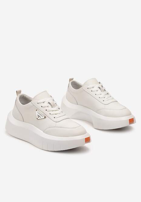 Beżowe Skórzane Sneakersy na Platformie z Niewielką Wstawką z Boku Renipa