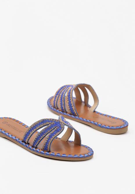 Niebieskie Klapki na Płaskiej Podeszwie ze Zdobieniami Vornia