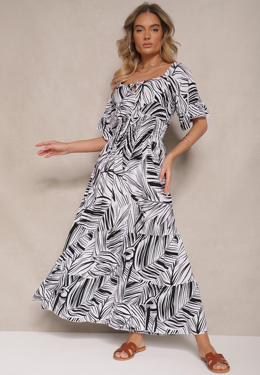 Czarna Sukienka z Bawełny o Rozkloszowanym Kroju z Motywem Liści Aluielle