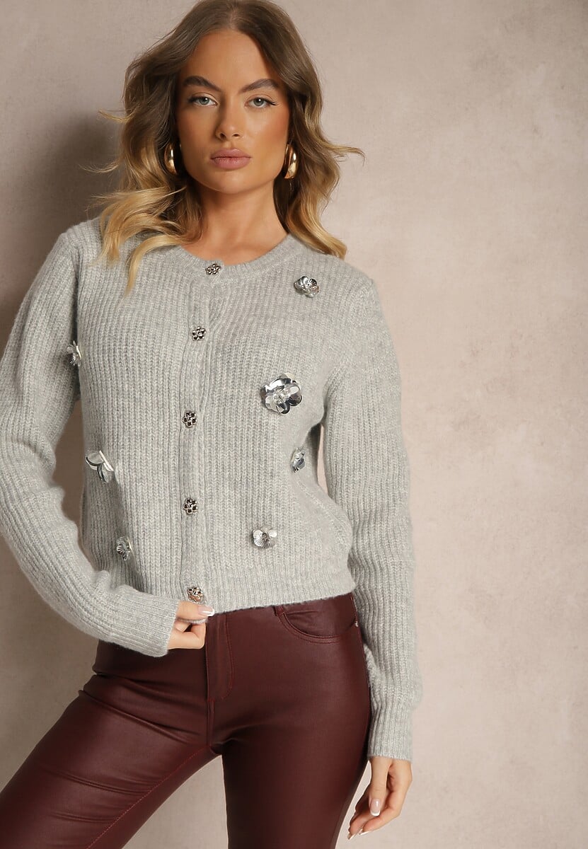 Granatowy Kardigan z Dodatkiem Wełny na Guziki z Kwiatami 3D Zemisya