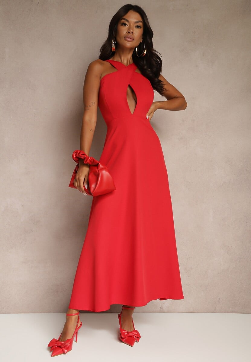 Czerwona Koktajlowa Sukienka z Wiskozą i Dekoltem Halter Dolmanna