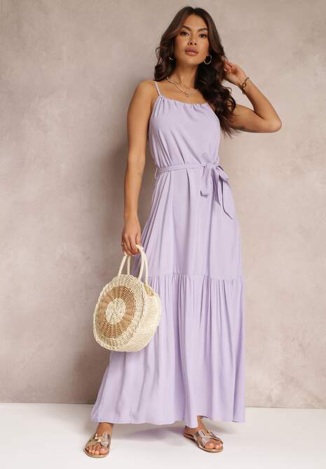 Fioletowa Rozkloszowana Sukienka na Ramiączkach z Wiązanym Paskiem Diadite