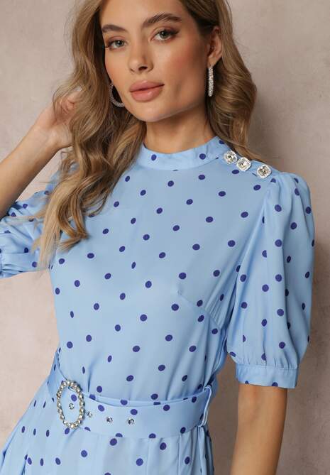 Niebieska Rozkloszowana Sukienka Midi z Gumką w Pasie i Ozdobnym Paskiem z Klamrą Abennita