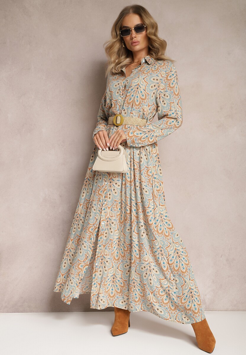 Jasnoniebieska Koszulowa Sukienka z Dodatkowym Paskiem i Podpinanymi Rękawami Alonie