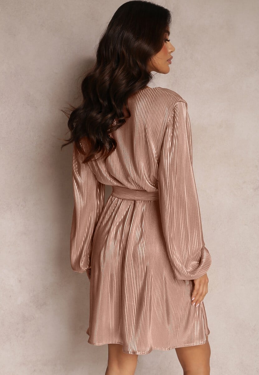 Beżowo-Złota Błyszcząca Sukienka Kopertowa Jarnei