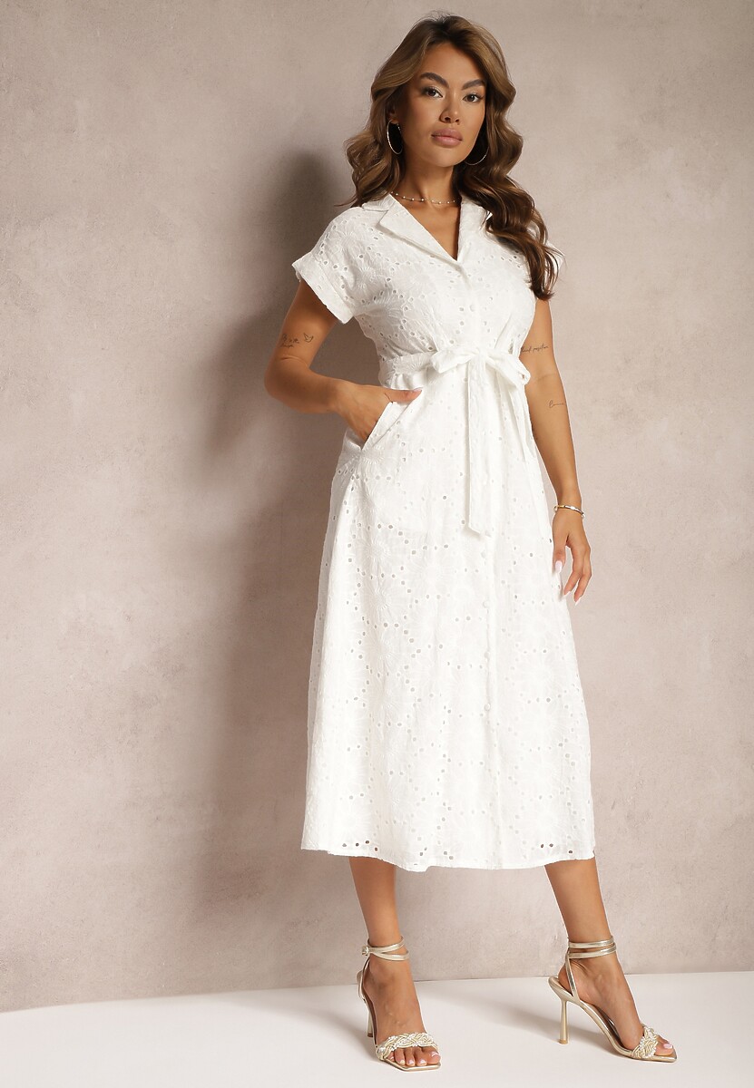 Beżowa Rozkloszowana Koszulowa Sukienka z Bawełny z Ażurowym Zdobieniem i Paskiem Ilosofia