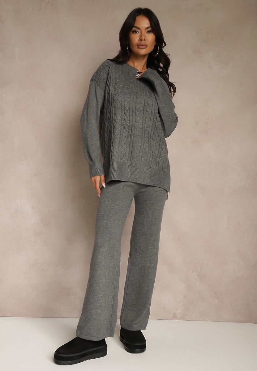 Ciemnoszary Dzianinowy Komplet z Wełną w Warkoczowy Splot Spodnie i Sweter Reinette