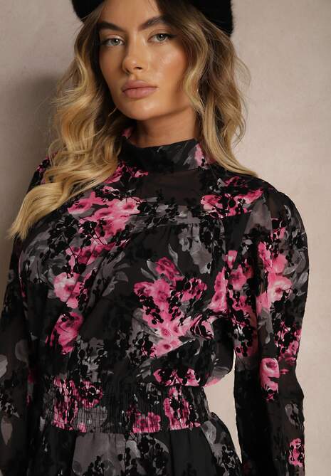 Czarno-Różowa Kwiatowe Sukienka z Gumką w Pasie i Stójką Ettania