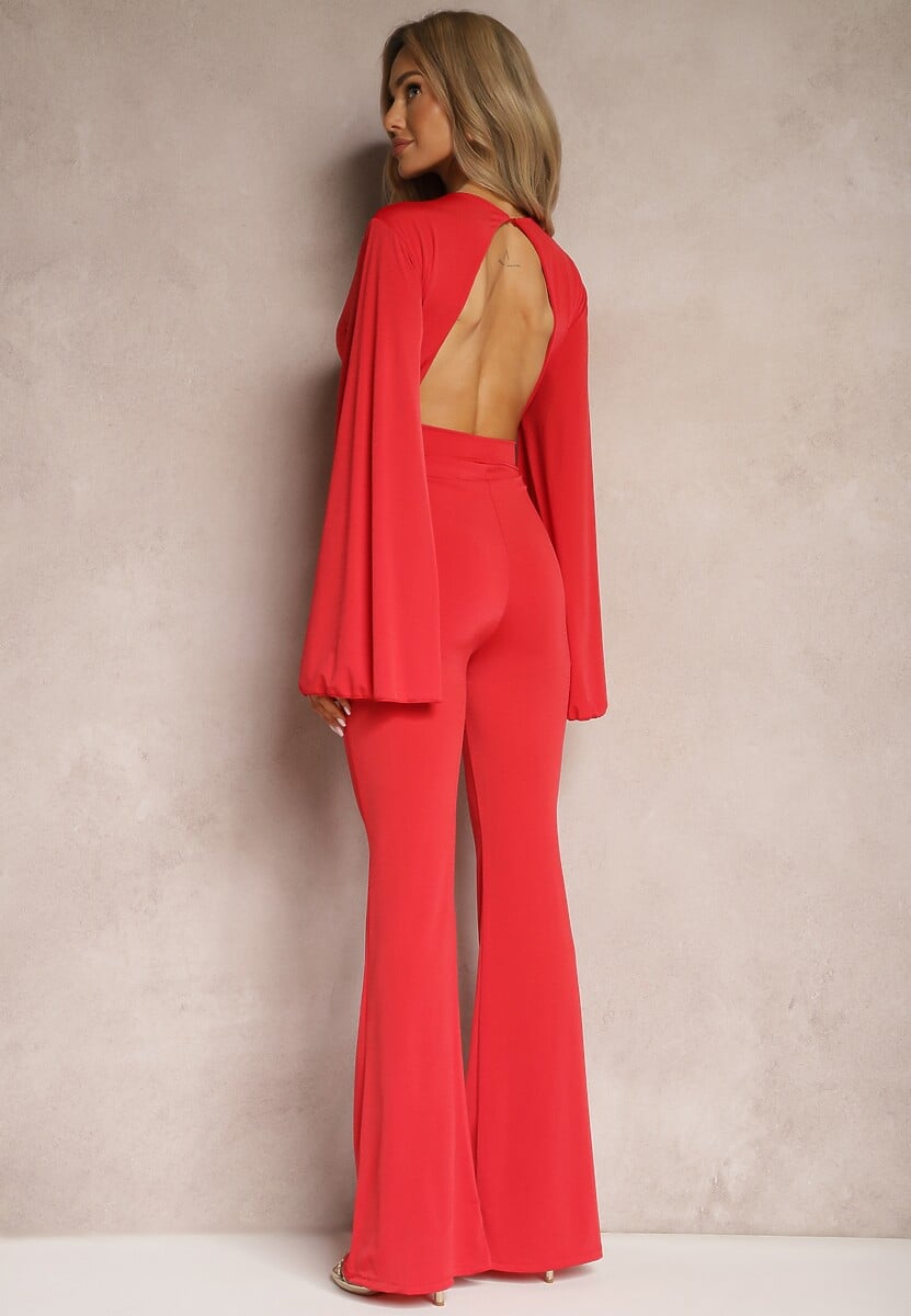 Czerwony Dopasowany Kombinezon z Rozkloszowanymi Rękawami i Głębokim Dekoltem Andrika