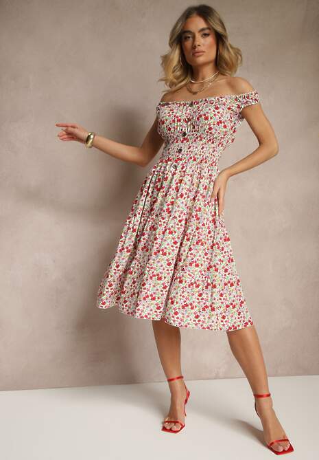 Biało-Różowa Bawełniana Sukienka z Guzikami o Rozkloszowanym Kroju w Kwiatowy Print Roniselle