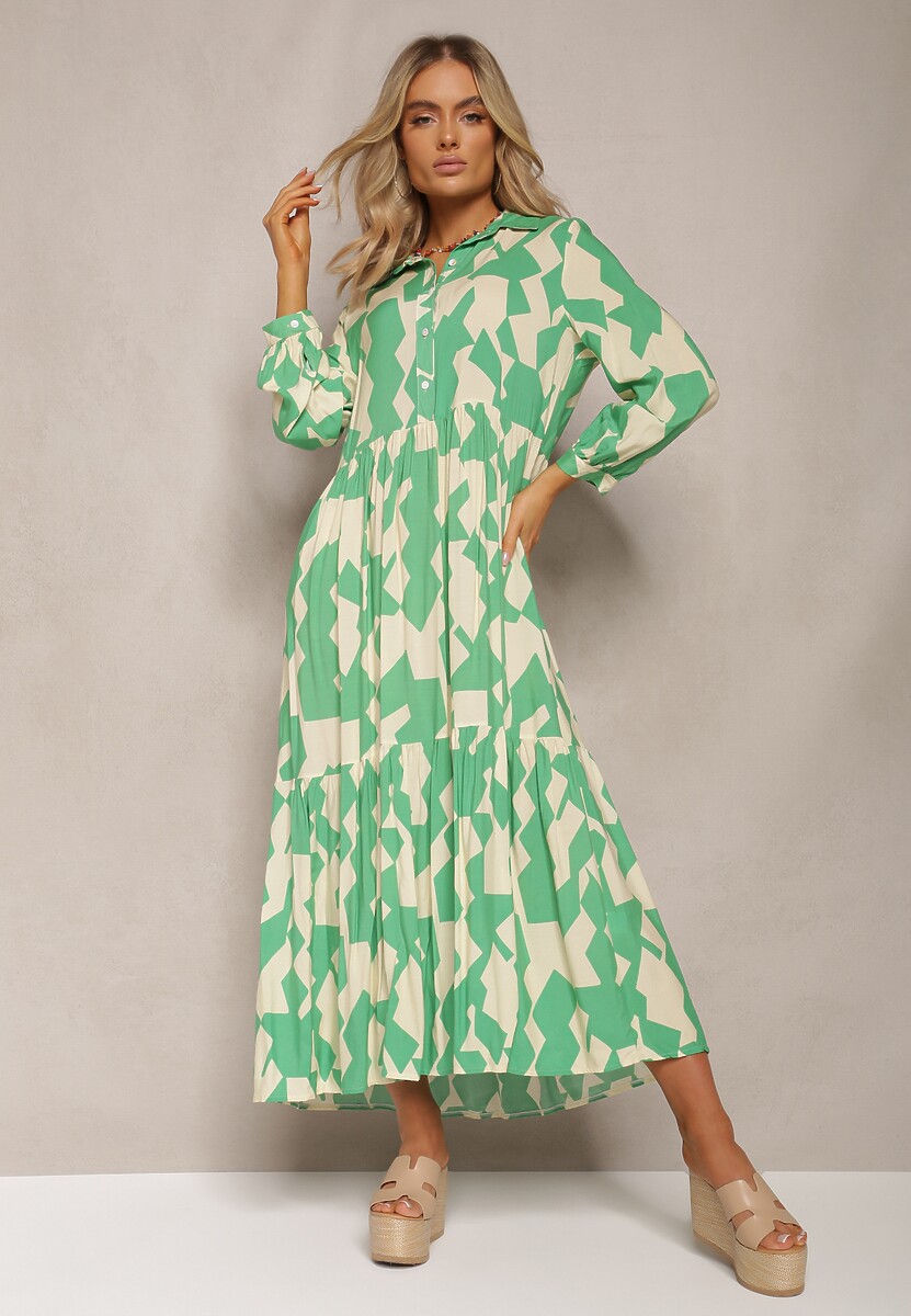 Zielono-Beżowa Koszulowa Sukienka Maxi w Geometryczny Wzór Qerida