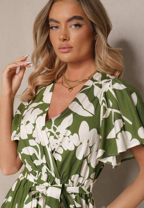 Zielona Wiskozowa Sukienka Rozkloszowana w Kwiaty z Paskiem Flornelia