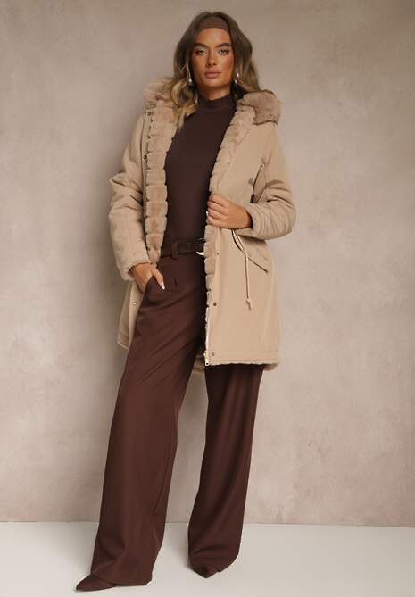 Beżowa Kurtka Parka Dwustronna z Futerkiem i Kapturem Alerisse