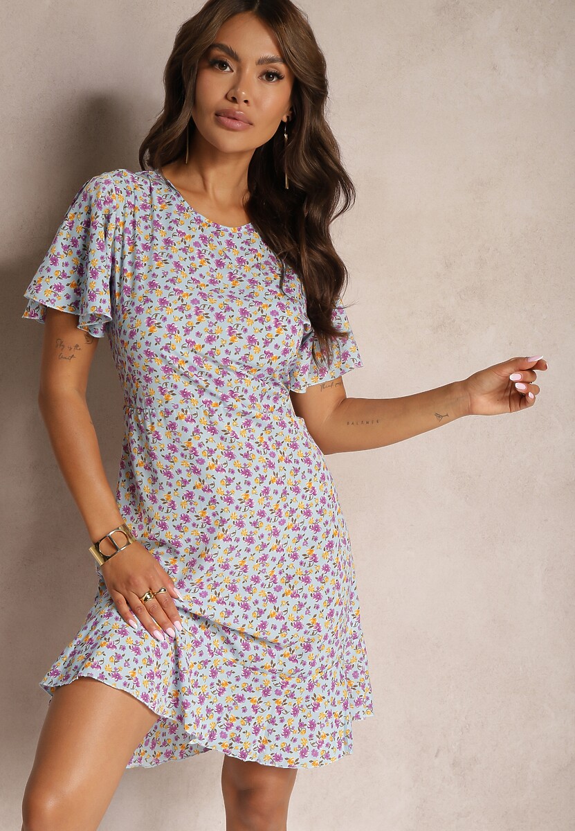 Beżowa Sukienka Midi o Pudełkowym Kroju w Kwiaty Kimbr