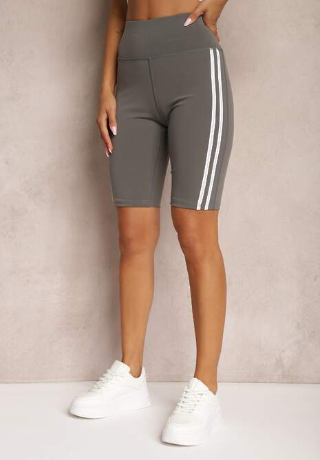 Szare Szorty Kolarki High Waist z Ozdobnymi Lampasami Jelorea