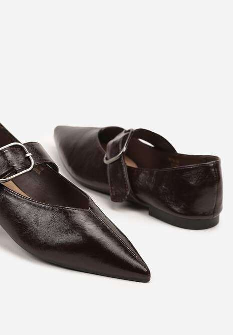 Ciemnobrązowe Balerinki w Stylu Mary Jane ze Szpiczastym Noskiem Nalivira