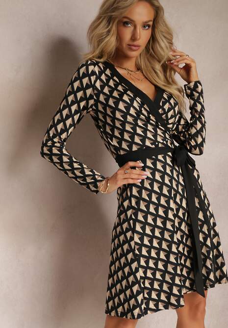 Beżowa Sukienka Kopertowa w Geometryczny Wzór Feozie