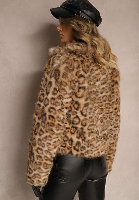 Brązowa Panterkowa Kurtka Futerko z Wiskozą Serintinnia