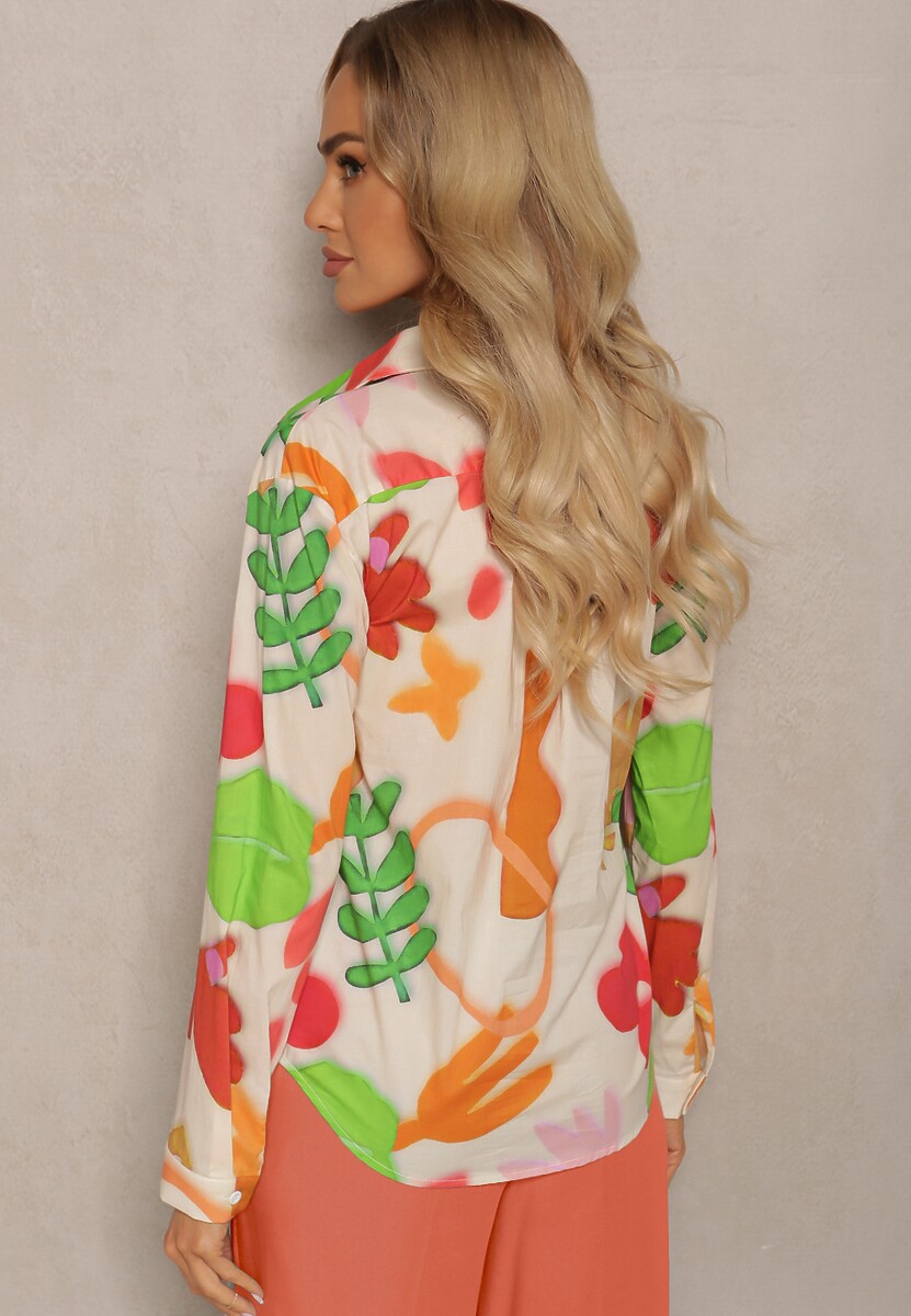 Beżowo-Zielona Bawełniana Koszula w Abstrakcyjny Wzór Bellanight