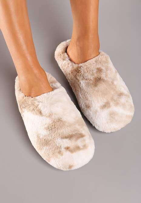 Ciemnobeżowe Kapcie na Płaskiej Podeszwie z Futerkiem Leranna