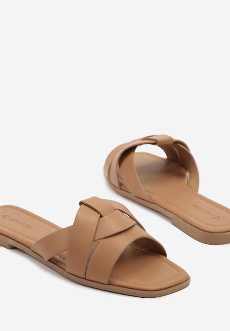 Jasnobrązowe Klapki Ozdobione Geometryczną Cholewką Orrona