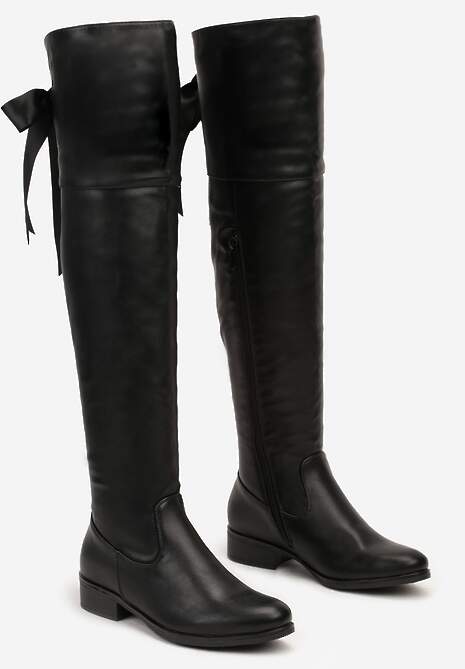 Czarne Dopasowane Kozaki Typu Muszkieterki z Długą Cholewką i Wiązanym Detalem Hanione