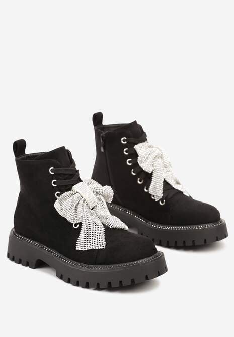 Czarne Botki na Platformie ze Sznurowaniem Ozdobione Kokardą z Cyrkonii Naonira
