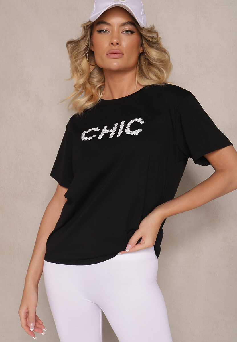 Biały T-shirt z Bawełny Ozdobiony Perełkami i Napisem Naloreth