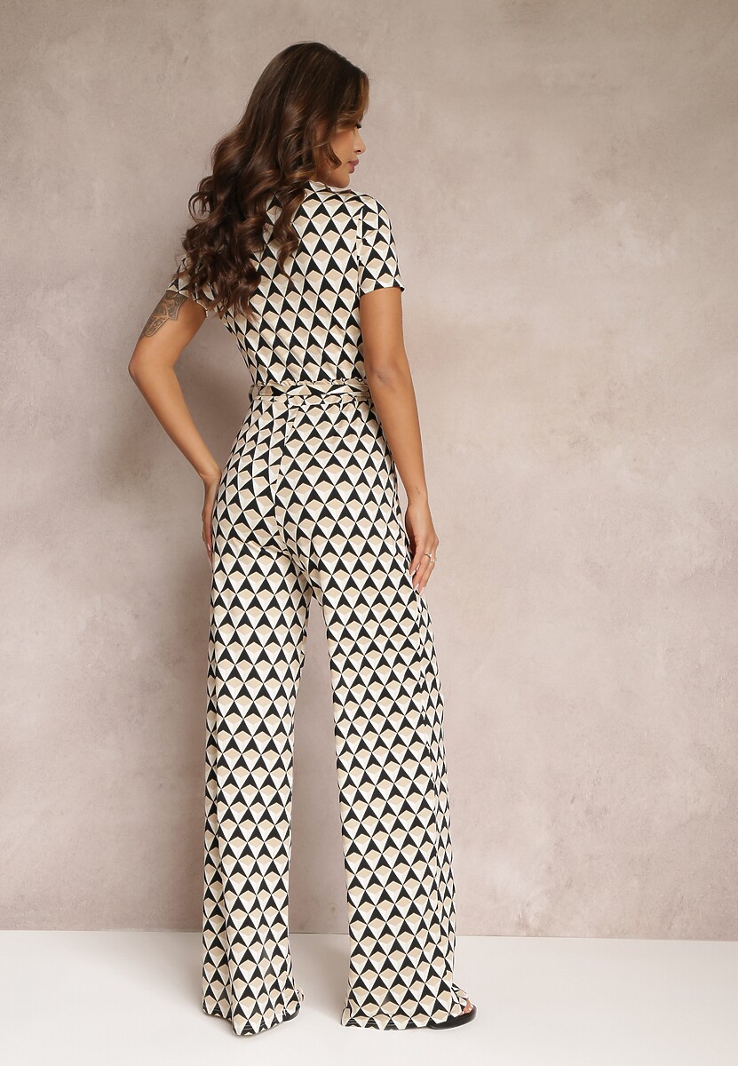 Beżowy Kopertowy Kombinezon z Krótkim Rękawem i Długimi Nogawkami Avrey