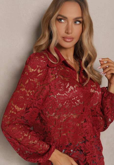 Bordowa Elegancka Koszula Koronkowa Vortizia