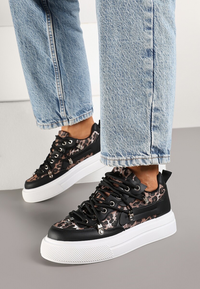 Czarno-Białe Sneakersy ze Wzorem w Panterkę Doridi