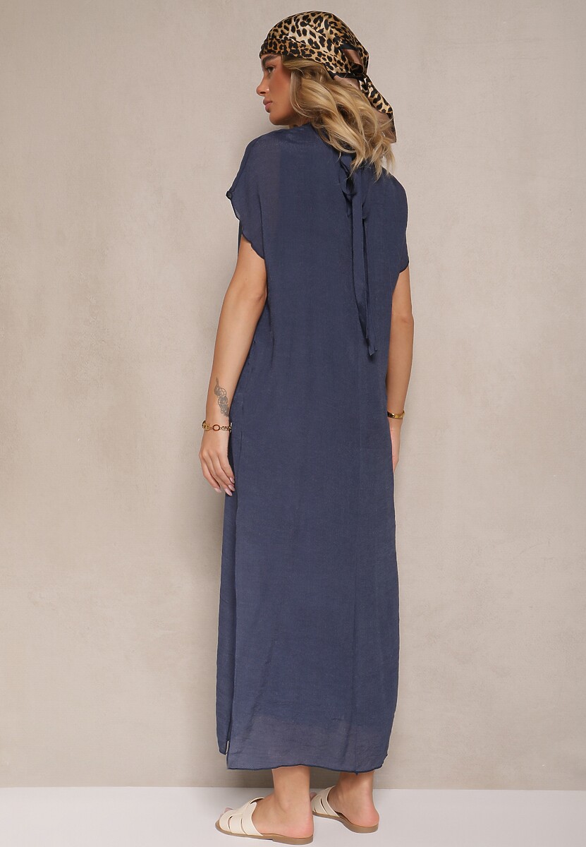 Niebieska Sukienka o Pudełkowym Kroju z Wiązaniem Napalea