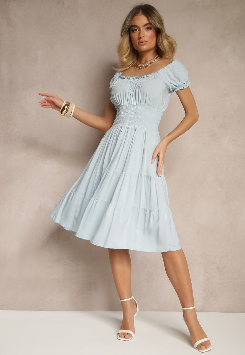 Jasnoniebieska Sukienka Rozkloszowana z Bawełny z Bufiastymi Rękawami i Guzikami Anniliana