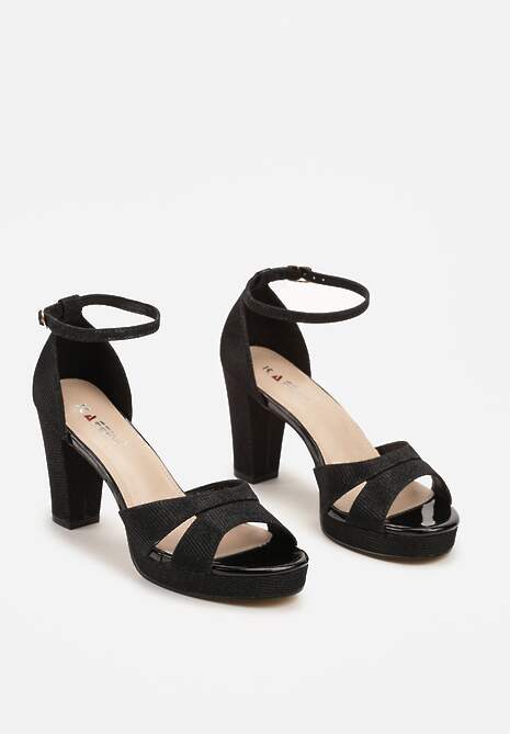 Czarne Brokatowe Sandały na Słupku i Niskiej Platformie Navisas