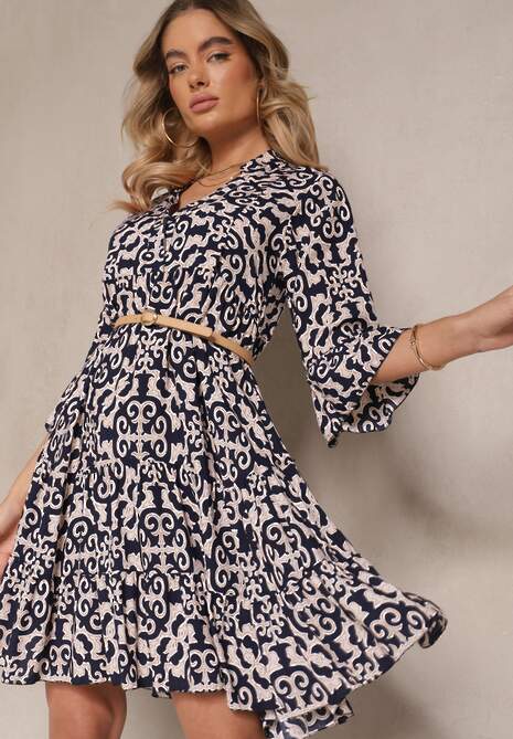 Granatowa Sukienka Bawełniana o Rozkloszowanym Kroju w Etniczny Print Zalivine