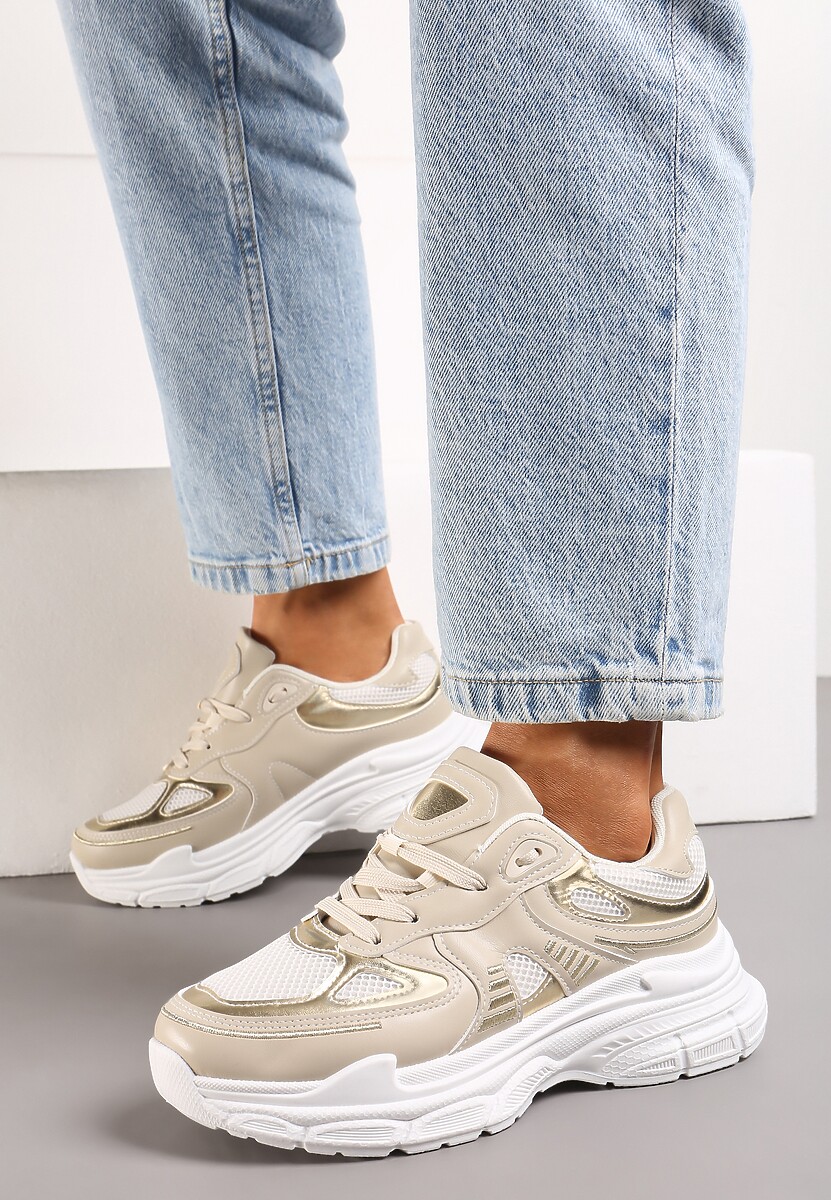 Beżowe Sneakersy z Siateczkowymi i Metalicznymi Wstawkami Telarisa