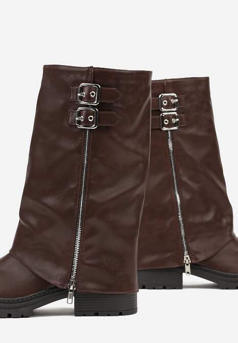 Brązowe Botki z Wywiniętą Cholewką Zdobioną Suwakiem i Sprzączkami Eevea