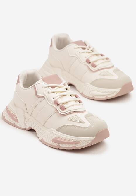 Beżowo-Różowe Sneakersy w Streetwearowym Stylu z Ozdobnymi Przeszyciami Isallena