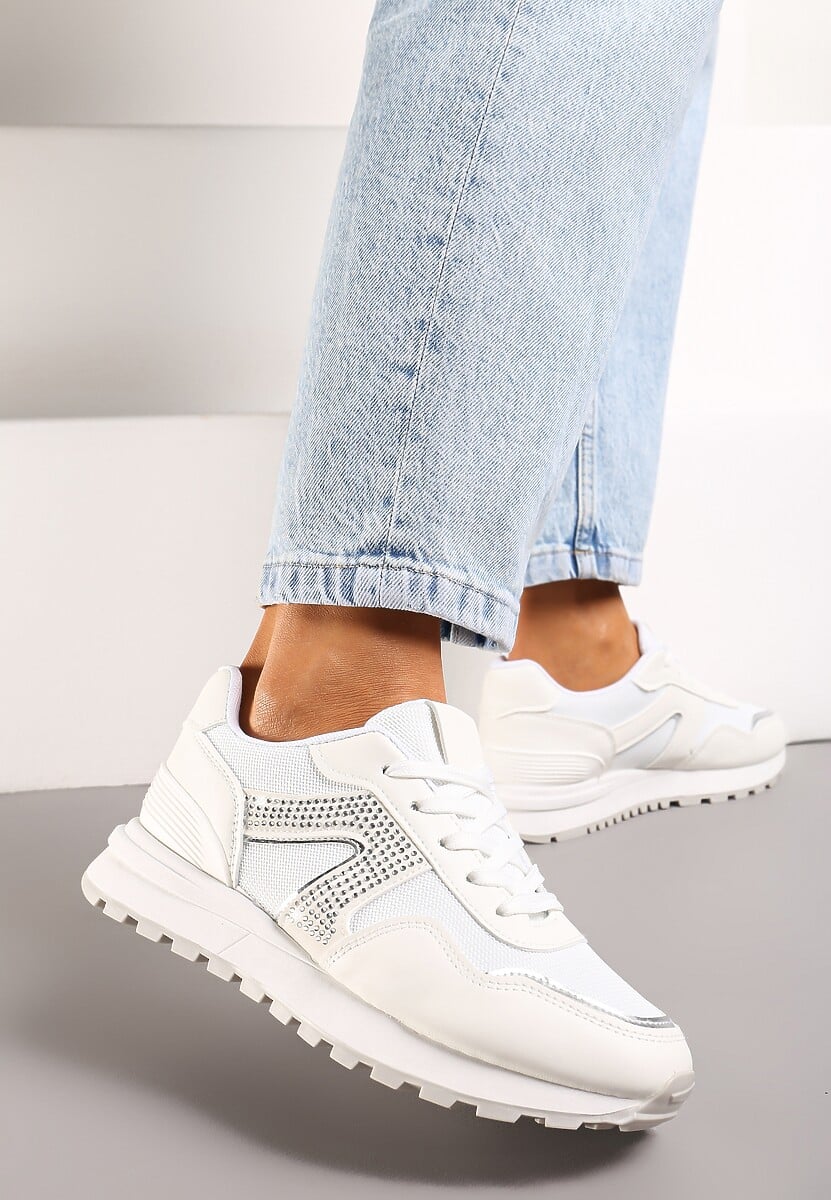 Białe Sneakersy z Cholewką przed Kostkę z Aplikacją z Cyrkonii Velvettes