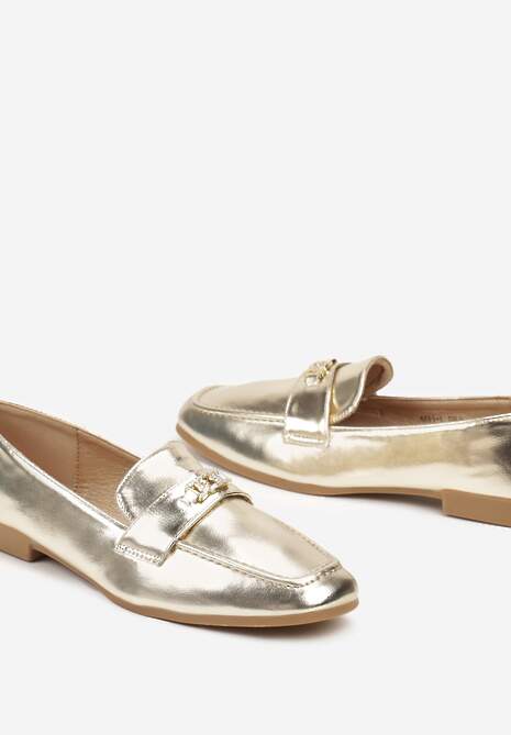 Złote Mokasyny na Płaskiej Podeszwie Ozdobione Cyrkoniami Nevthany