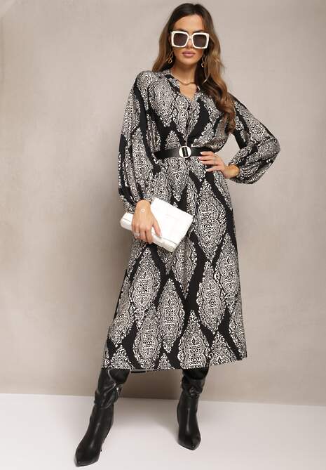 Czarna Rozkloszowana Sukienka Maxi w Fantazyjny Print Abhik