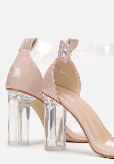 Beżowe Sandały na Transparentnym Obcasie z Kwadratowym Noskiem Selelina