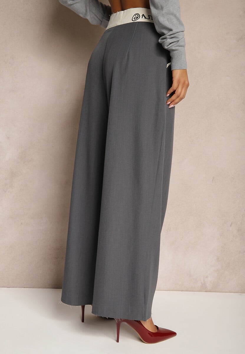 Szare Spodnie Palazzo High Waist z Szerokimi Nogawkami z Zapięciem na Guziki i Zamek Lomedia