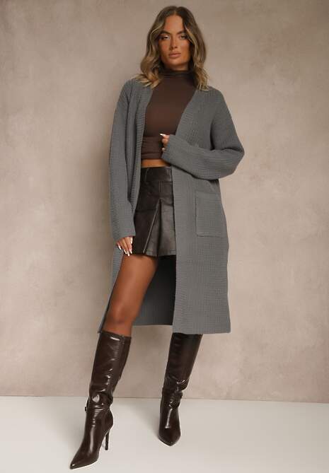 Szary Długi Kardigan Niezapinany z Bawełną Ferrive