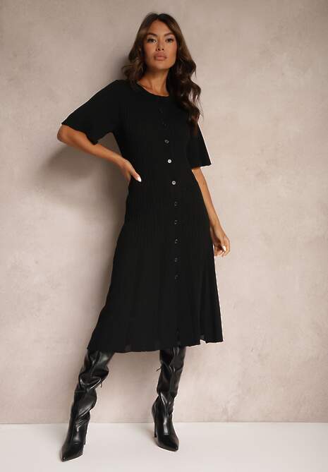 Czarna Trapezowa Sukienka z Dzianiny Zapinana na Guziki Zetirae