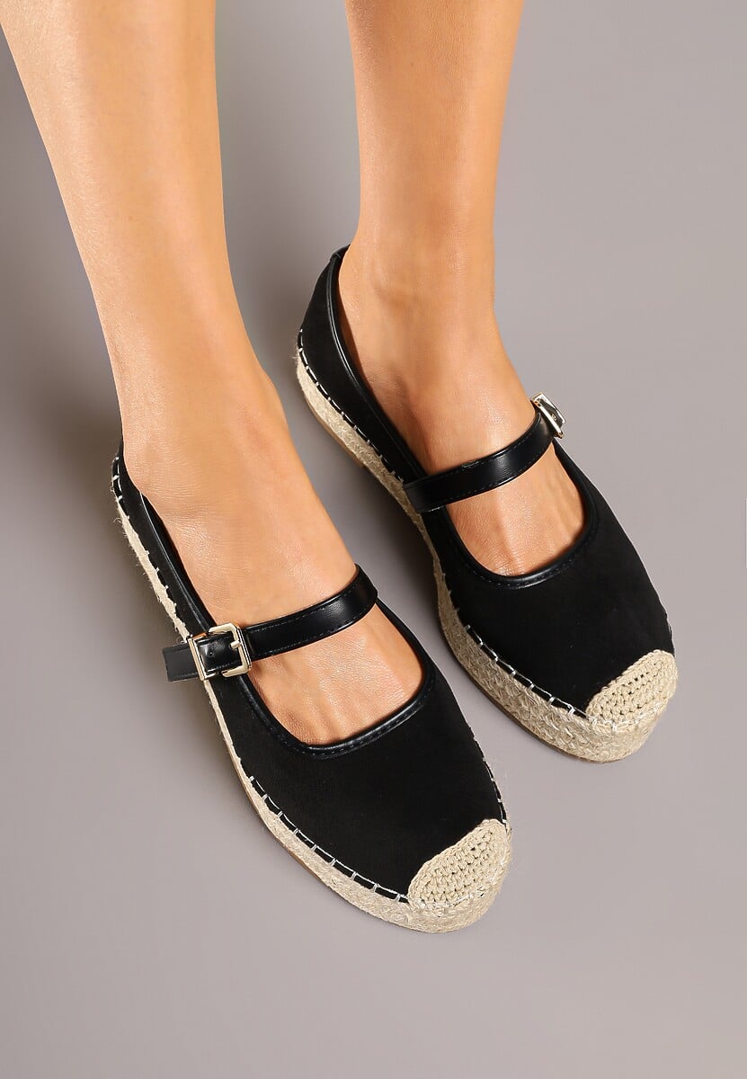 Czarne Espadryle z Plecionką i Paskiem Fevolise